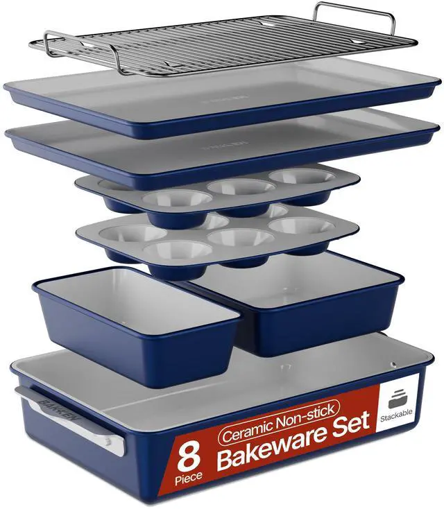 Main image of 8-Piece Stackable Bakeware Set - Ceramic Non-Stick Coating, Baking Sheets, Assorted Baking Pans, PTFE, PFOA & PFOS Free - Healthy Baking, Ergonomic Handles, Cooling Rack, Non-Toxic, Oven-Safe