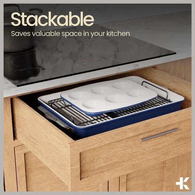 Alt view image 5 of 7 - 8-Piece Stackable Bakeware Set - Ceramic Non-Stick Coating, Baking Sheets, Assorted Baking Pans, PTFE, PFOA & PFOS Free - Healthy Baking, Ergonomic Handles, Cooling Rack, Non-Toxic, Oven-Safe