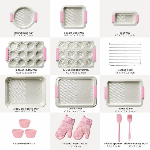 Alt view image 2 of 6 - 25 PCS Stackable Baking Pans Set, Non-stick Bakeware Sets with Silicone Handles, 450°F Oven Safe Cookie Sheets for Baking, Easy Release Heavy-duty Baking Sheets Non Stick, Pink