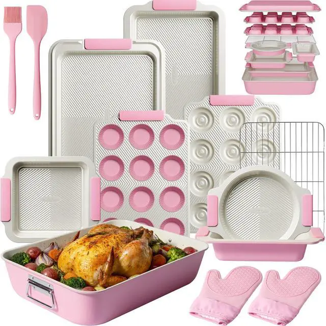 Main image of 25 PCS Stackable Baking Pans Set, Non-stick Bakeware Sets with Silicone Handles, 450°F Oven Safe Cookie Sheets for Baking, Easy Release Heavy-duty Baking Sheets Non Stick, Pink