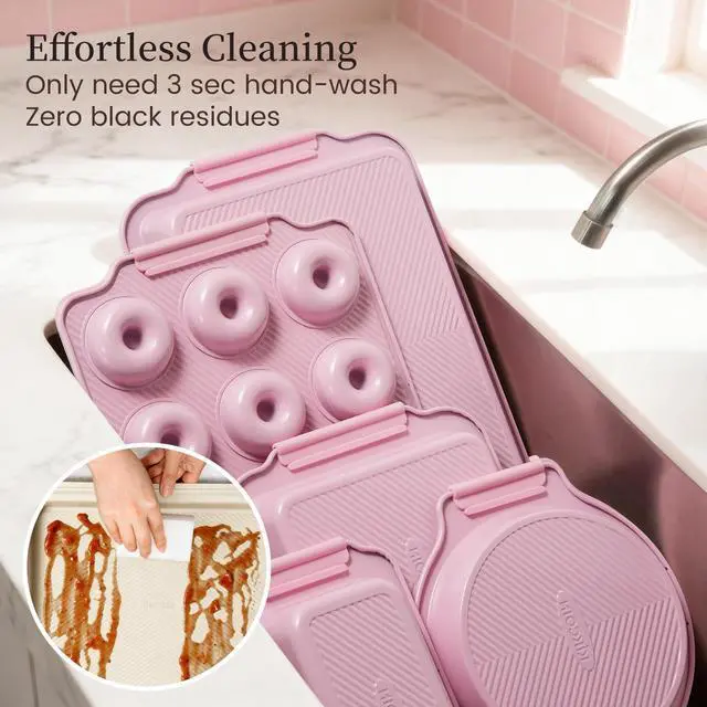Alt view image 5 of 6 - 25 PCS Stackable Baking Pans Set, Non-stick Bakeware Sets with Silicone Handles, 450°F Oven Safe Cookie Sheets for Baking, Easy Release Heavy-duty Baking Sheets Non Stick, Pink