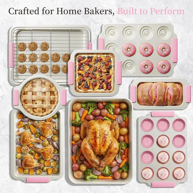 Alt view image 6 of 6 - 25 PCS Stackable Baking Pans Set, Non-stick Bakeware Sets with Silicone Handles, 450°F Oven Safe Cookie Sheets for Baking, Easy Release Heavy-duty Baking Sheets Non Stick, Pink