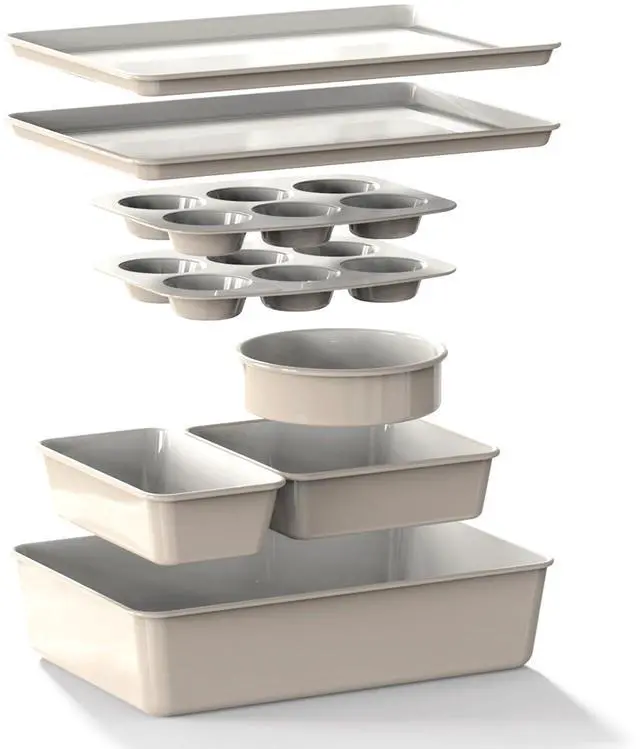 Main image of 8-Piece Stackable Bakeware Set, Ceramic-Coated Nonstick Baking Pan Set, Non-Toxic, with Baking Sheets, Muffin Pan, Loaf Pan & Cake Pans, French Gray
