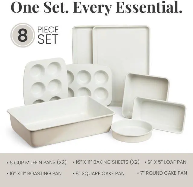 Alt view image 3 of 7 - 8-Piece Stackable Bakeware Set, Ceramic-Coated Nonstick Baking Pan Set, Non-Toxic, with Baking Sheets, Muffin Pan, Loaf Pan & Cake Pans, French Gray