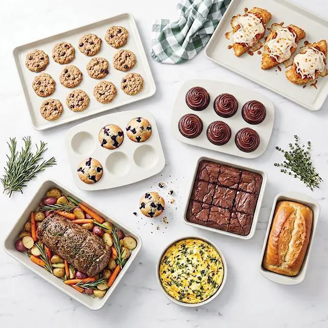 Alt view image 4 of 7 - 8-Piece Stackable Bakeware Set, Ceramic-Coated Nonstick Baking Pan Set, Non-Toxic, with Baking Sheets, Muffin Pan, Loaf Pan & Cake Pans, French Gray