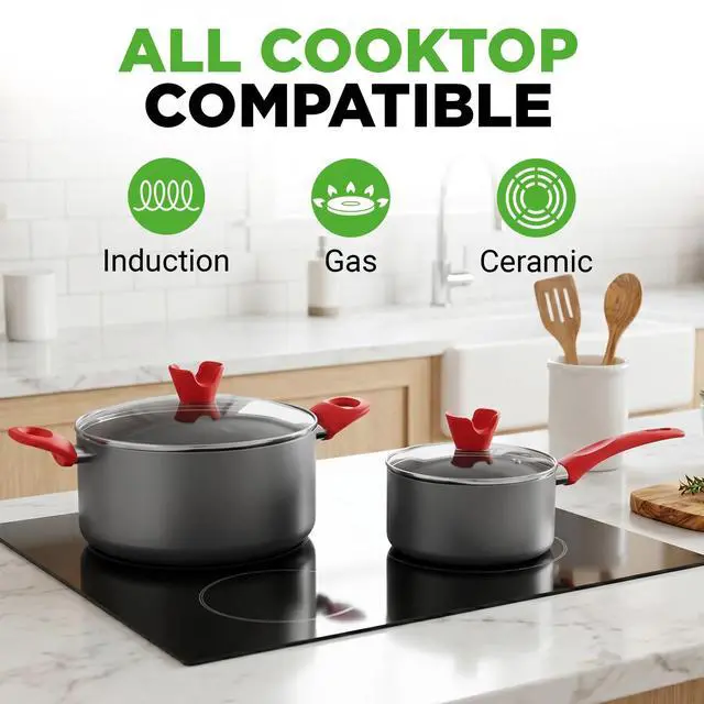 Alt view image 2 of 7 - 21-Piece Nonstick Cookware Set - PTFE/PFOA/PFOS Free Heat Resistant Lacquer Kitchen Ware Pots Pan w/ Cool-Touch Handles, Saucepan, Fry Pans, Lid, Bakeware, For Gas Electric Ceramic Cooktops