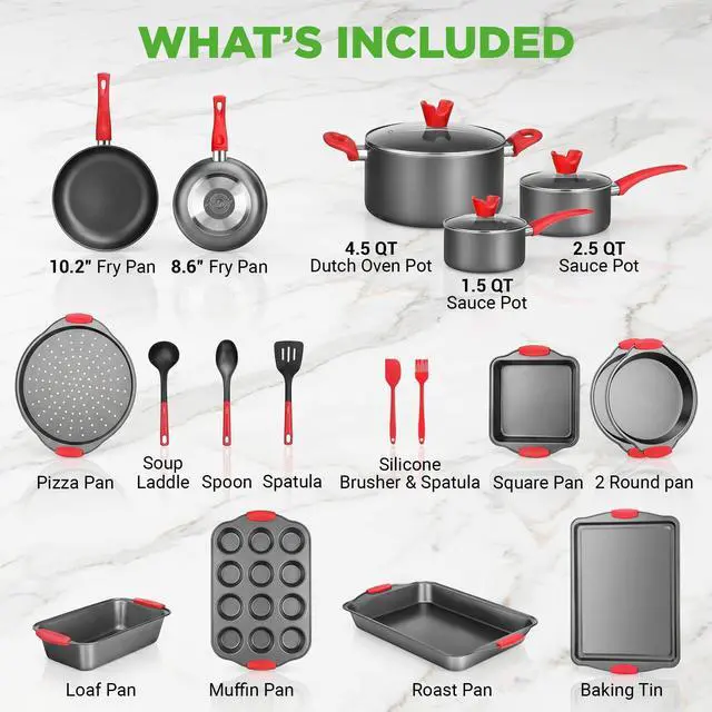 Alt view image 7 of 7 - 21-Piece Nonstick Cookware Set - PTFE/PFOA/PFOS Free Heat Resistant Lacquer Kitchen Ware Pots Pan w/ Cool-Touch Handles, Saucepan, Fry Pans, Lid, Bakeware, For Gas Electric Ceramic Cooktops