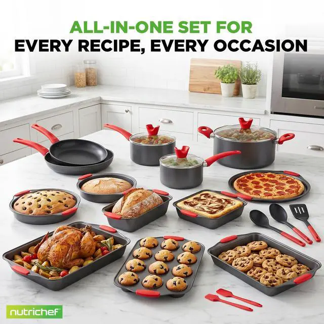 Alt view image 6 of 7 - 21-Piece Nonstick Cookware Set - PTFE/PFOA/PFOS Free Heat Resistant Lacquer Kitchen Ware Pots Pan w/ Cool-Touch Handles, Saucepan, Fry Pans, Lid, Bakeware, For Gas Electric Ceramic Cooktops
