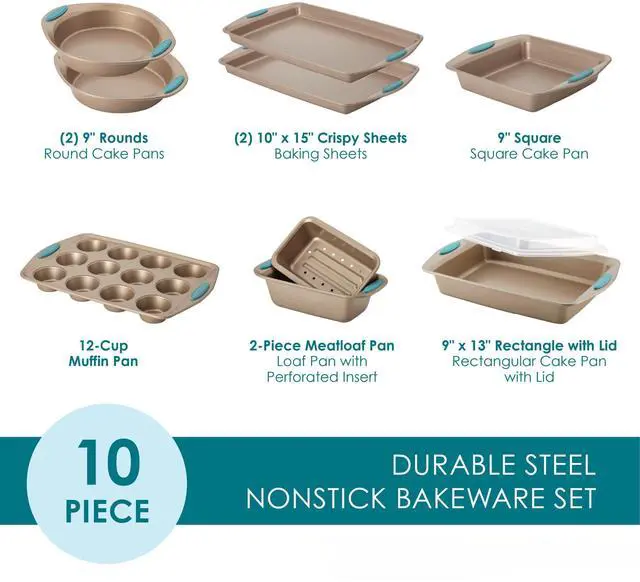 Alt view image 2 of 7 - 47578 Cucina Nonstick Bakeware Set with Grips Includes Nonstick Bread Pan, Baking Sheet, Cookie Sheet, Baking Pans, Cake Pan and Muffin Pan - 10 Piece, Latte Brown with Agave Blue Grips