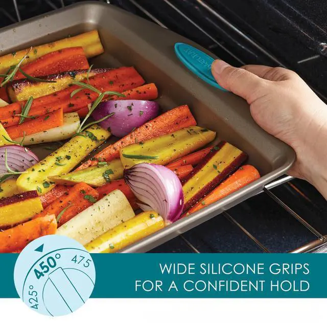 Alt view image 4 of 7 - 47578 Cucina Nonstick Bakeware Set with Grips Includes Nonstick Bread Pan, Baking Sheet, Cookie Sheet, Baking Pans, Cake Pan and Muffin Pan - 10 Piece, Latte Brown with Agave Blue Grips