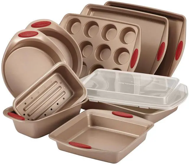 Main image of Cucina Nonstick Bakeware Baking Pans Set, Latte Brown and Cranberry Red, Baking Dishes, 10-Piece