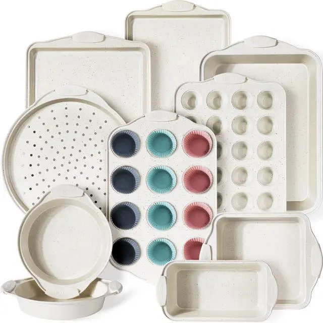 Main image of 22 PCS Nonstick Baking Pans Set, Stackable Bakeware Sets with Silicone Handles, 450°F Oven Safe Baking Sheet Set, Easy Release Cookie Sheets for Baking, Cream