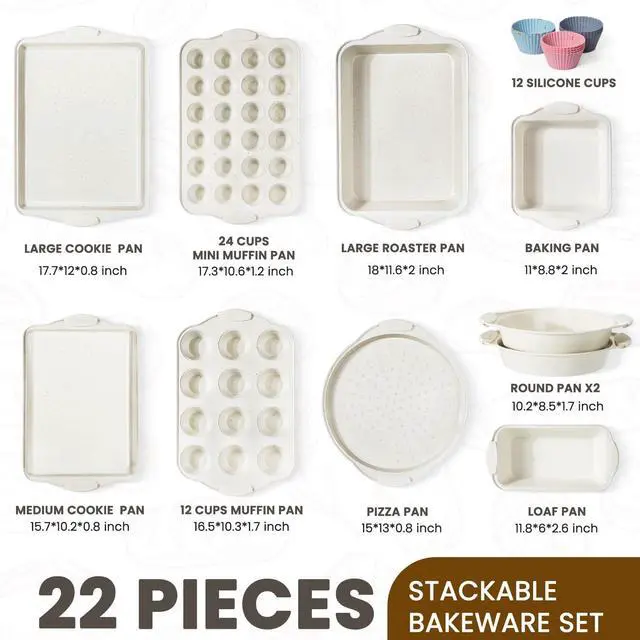 Alt view image 2 of 7 - 22 PCS Nonstick Baking Pans Set, Stackable Bakeware Sets with Silicone Handles, 450°F Oven Safe Baking Sheet Set, Easy Release Cookie Sheets for Baking, Cream