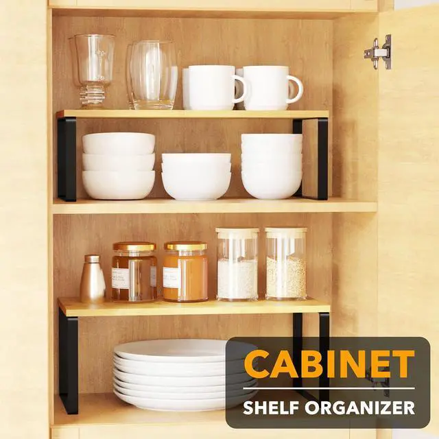 Alt view image 2 of 7 - Cabinet Shelf Organizers 8 Pack, Kitchen Counter Rack Shelves Riser, Stackable Expandable Spice Rack, Pantry Cupboard Storage Organization (Black and Natural, Long)