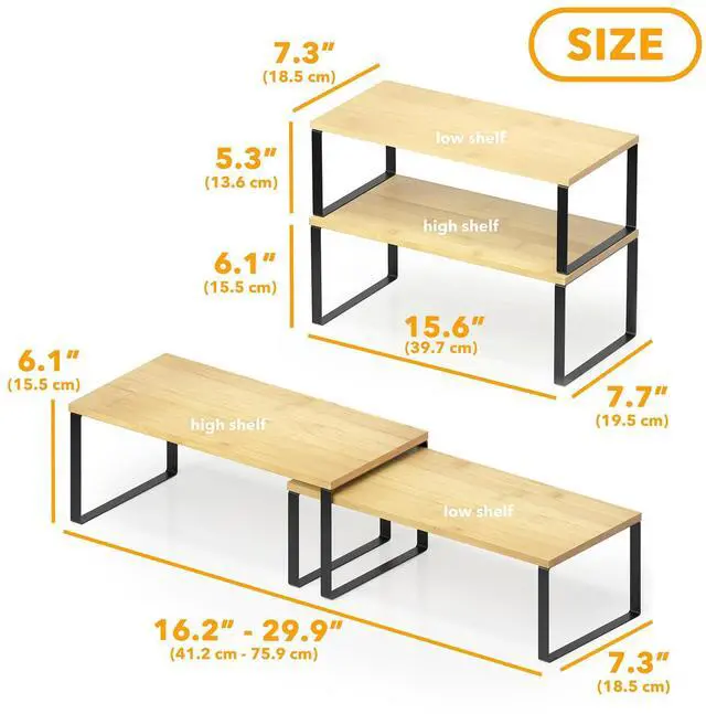 Alt view image 3 of 7 - Cabinet Shelf Organizers 8 Pack, Kitchen Counter Rack Shelves Riser, Stackable Expandable Spice Rack, Pantry Cupboard Storage Organization (Black and Natural, Long)