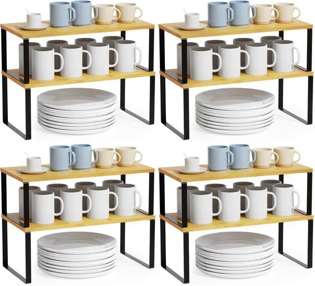Main image of Cabinet Shelf Organizers 8 Pack, Kitchen Counter Rack Shelves Riser, Stackable Expandable Spice Rack, Pantry Cupboard Storage Organization (Black and Natural, Long)