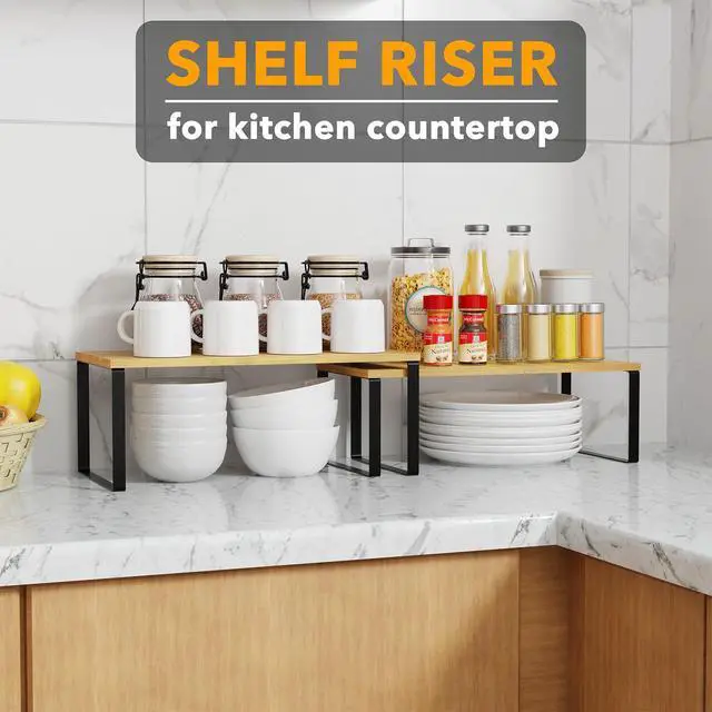Alt view image 4 of 7 - Cabinet Shelf Organizers 8 Pack, Kitchen Counter Rack Shelves Riser, Stackable Expandable Spice Rack, Pantry Cupboard Storage Organization (Black and Natural, Long)