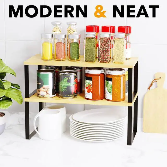 Alt view image 5 of 7 - Cabinet Shelf Organizers 8 Pack, Kitchen Counter Rack Shelves Riser, Stackable Expandable Spice Rack, Pantry Cupboard Storage Organization (Black and Natural, Long)