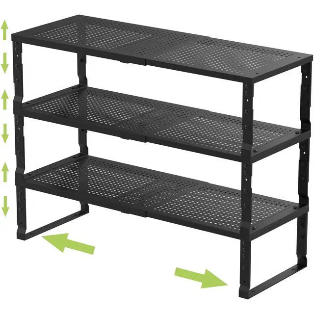 Main image of Expandable Adjustable Stackable Kitchen Organizer, Spice Rack,Metal Pantry Storage Shelves Racks,Counter Shelf for Cabinets, Countertop, Cupboard (3 Packs/Large/Black)