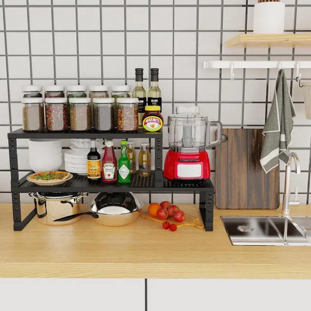 Alt view image 2 of 6 - Expandable Adjustable Stackable Kitchen Organizer, Spice Rack,Metal Pantry Storage Shelves Racks,Counter Shelf for Cabinets, Countertop, Cupboard (3 Packs/Large/Black)