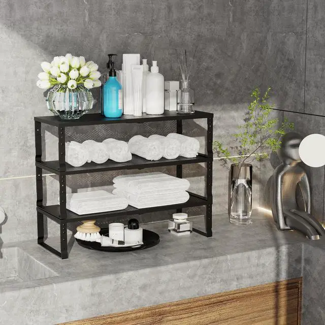 Alt view image 3 of 6 - Expandable Adjustable Stackable Kitchen Organizer, Spice Rack,Metal Pantry Storage Shelves Racks,Counter Shelf for Cabinets, Countertop, Cupboard (3 Packs/Large/Black)