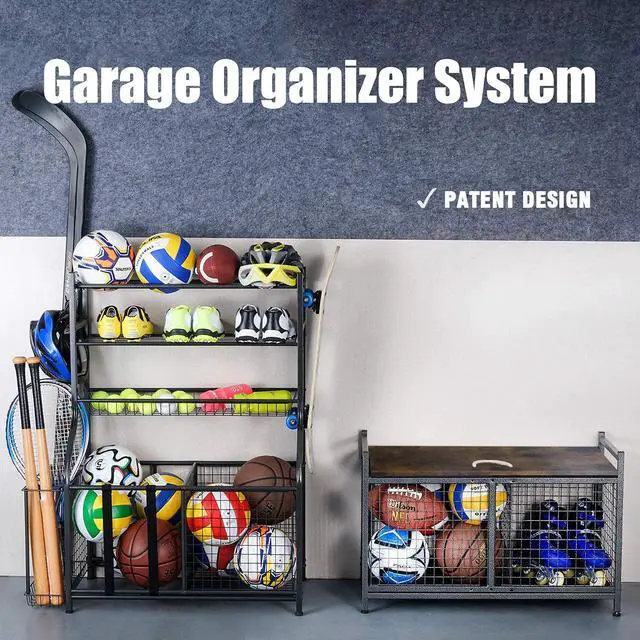 Alt view image 2 of 7 - Rolling Ball Storage Cart, Sports Equipment Storage Organizer for Garage/Basement/Entryway, Ball Storage Bin with Casters (Medium)