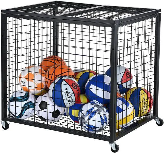 Main image of Rolling Sports Ball Storage Cart, Lockable Basketball Cage with Double Lids, Sport Equipment Holder Organizer for Indoor Outdoor, Steel Storage Rack for Garages, Playgroup, Gym and Schools