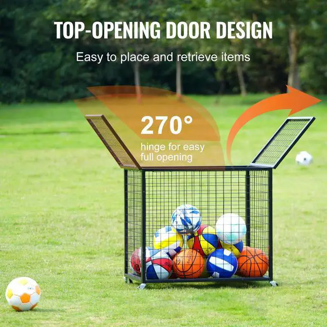 Alt view image 4 of 7 - Rolling Sports Ball Storage Cart, Lockable Basketball Cage with Double Lids, Sport Equipment Holder Organizer for Indoor Outdoor, Steel Storage Rack for Garages, Playgroup, Gym and Schools
