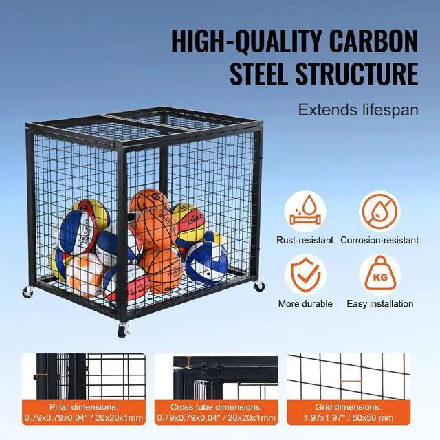Alt view image 5 of 7 - Rolling Sports Ball Storage Cart, Lockable Basketball Cage with Double Lids, Sport Equipment Holder Organizer for Indoor Outdoor, Steel Storage Rack for Garages, Playgroup, Gym and Schools