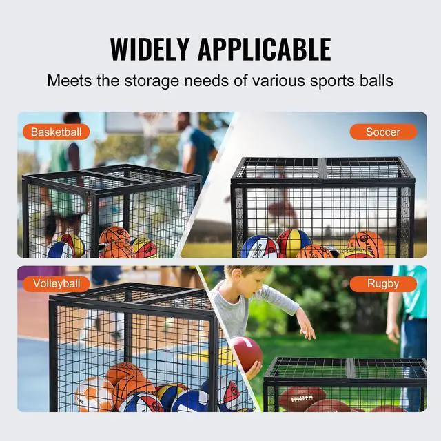 Alt view image 6 of 7 - Rolling Sports Ball Storage Cart, Lockable Basketball Cage with Double Lids, Sport Equipment Holder Organizer for Indoor Outdoor, Steel Storage Rack for Garages, Playgroup, Gym and Schools