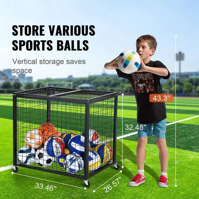 Alt view image 2 of 7 - Rolling Sports Ball Storage Cart, Lockable Basketball Cage with Double Lids, Sport Equipment Holder Organizer for Indoor Outdoor, Steel Storage Rack for Garages, Playgroup, Gym and Schools