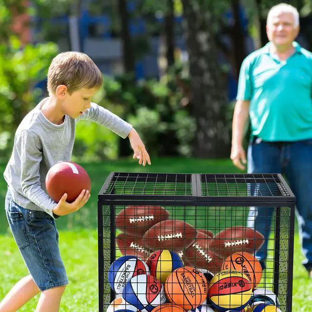 Alt view image 7 of 7 - Rolling Sports Ball Storage Cart, Lockable Basketball Cage with Double Lids, Sport Equipment Holder Organizer for Indoor Outdoor, Steel Storage Rack for Garages, Playgroup, Gym and Schools