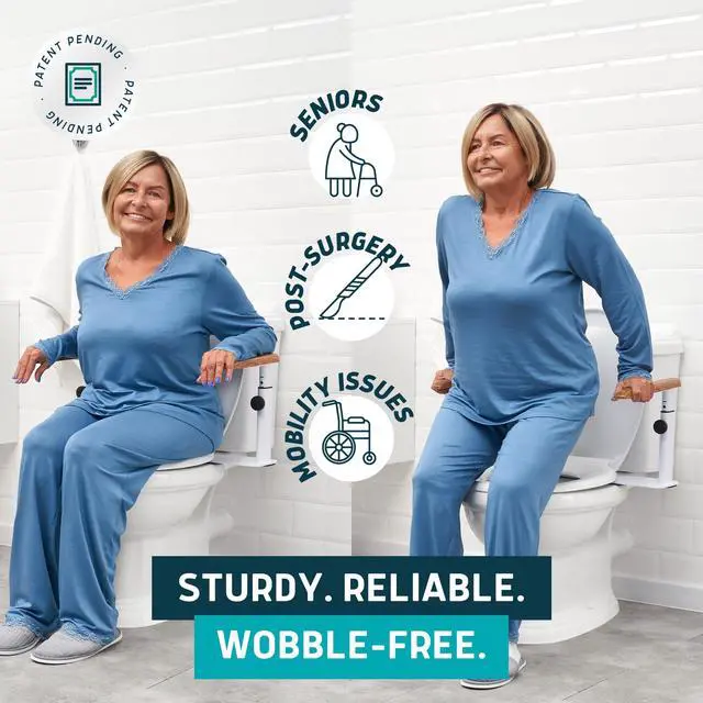 Alt view image 2 of 6 - Toilet Safety Rails for Seniors - Elegant, No Nursing Home Vibe - Easy Installation, Height-Adjustable & Wood-Finish Toilet Seat Handles - No Space Lost, Support for Elderly & Mobility Needs