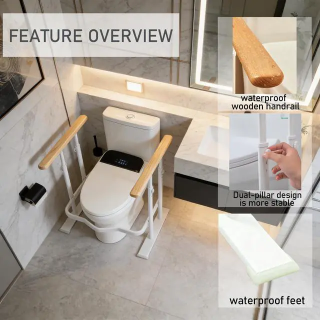 Alt view image 2 of 7 - Toilet Safety Rails for Seniors - Toilet Safety Frame with Dual Pillars, Waterproof Nighttime Reflective Base, 3-Speed Height Adjustment (White, Double Pillar)