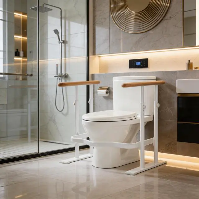 Alt view image 3 of 7 - Toilet Safety Rails for Seniors - Toilet Safety Frame with Dual Pillars, Waterproof Nighttime Reflective Base, 3-Speed Height Adjustment (White, Double Pillar)