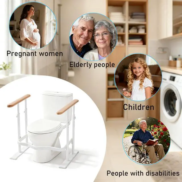 Alt view image 6 of 7 - Toilet Safety Rails for Seniors - Toilet Safety Frame with Dual Pillars, Waterproof Nighttime Reflective Base, 3-Speed Height Adjustment (White, Double Pillar)