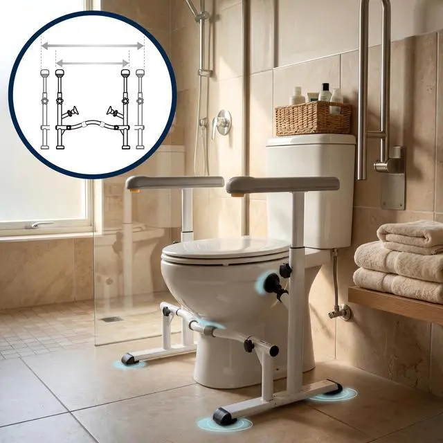 Alt view image 5 of 7 - Toilet Safety Rails (500 lb), Heavy Duty Frame with Handles, Adjustable Height and Width, Handicap Grab Bars for Seniors & Disabled
