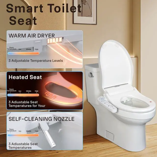 Alt view image 3 of 7 - P30B Bidet Toilet Seat - Dual Control (Side Panel & Remote), Warm Water Wash, Heated Seat, Warm Air Dryer, LED Night Light,Existing Toilets Electric Bidet Elongated Electronic Heated Smart