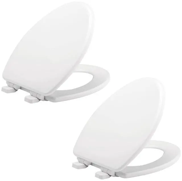 Main image of Linden Slow Close Toilet Seat, Non Slip Heavy Duty Wood, Easy Install, Made in USA, Elongated, White, 2 Pack
