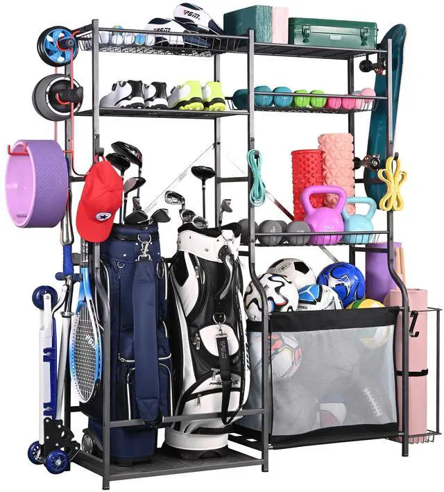 Main image of Golf Storage Ball Rack Garage Organizer, 2 Golf Bag Organizer and Other Sports Equipment Organizer for Garage, Extra Large Size Sports Storage Rack for Garage
