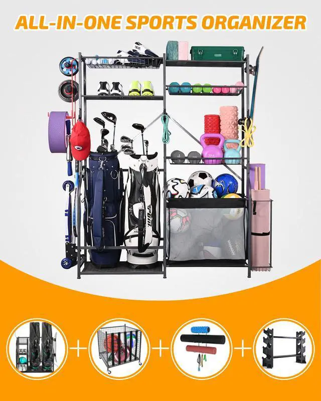 Alt view image 2 of 6 - Golf Storage Ball Rack Garage Organizer, 2 Golf Bag Organizer and Other Sports Equipment Organizer for Garage, Extra Large Size Sports Storage Rack for Garage