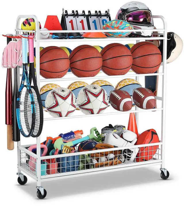 Main image of Garage Sports Equipment Organizer - Rolling Ball Storage Bin with Wheels, Garage Sports Gear Rack Outdoor Basketball Racks for Balls with Baseball Bat Holder and Hooks, Toy Organizer(White)