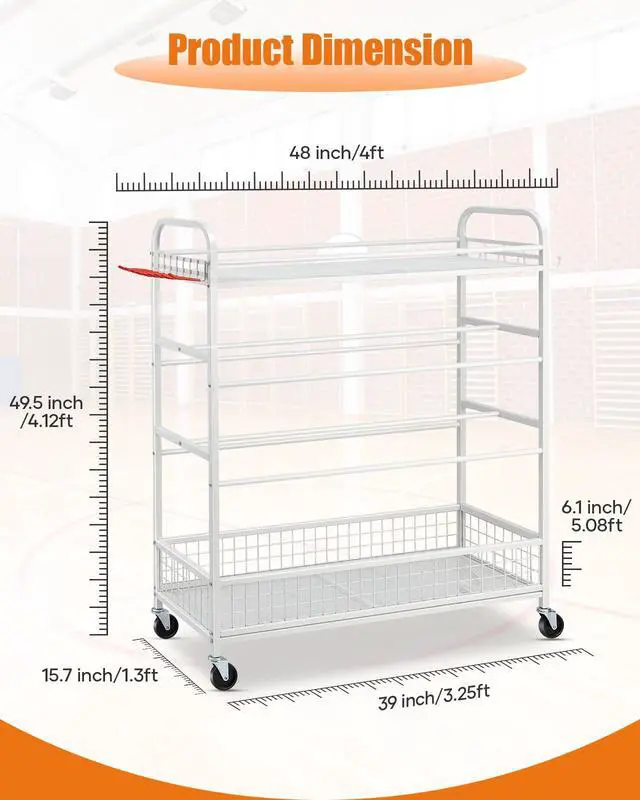 Alt view image 2 of 6 - Garage Sports Equipment Organizer - Rolling Ball Storage Bin with Wheels, Garage Sports Gear Rack Outdoor Basketball Racks for Balls with Baseball Bat Holder and Hooks, Toy Organizer(White)
