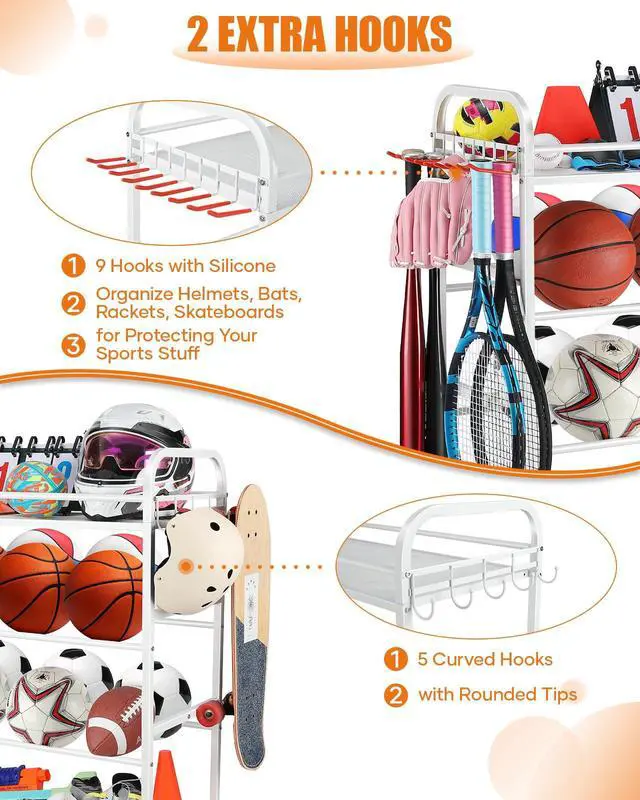 Alt view image 3 of 6 - Garage Sports Equipment Organizer - Rolling Ball Storage Bin with Wheels, Garage Sports Gear Rack Outdoor Basketball Racks for Balls with Baseball Bat Holder and Hooks, Toy Organizer(White)