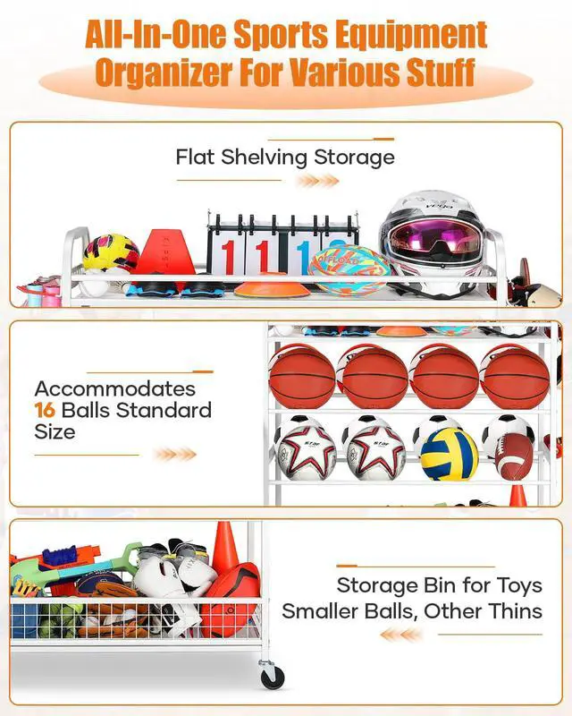 Alt view image 5 of 6 - Garage Sports Equipment Organizer - Rolling Ball Storage Bin with Wheels, Garage Sports Gear Rack Outdoor Basketball Racks for Balls with Baseball Bat Holder and Hooks, Toy Organizer(White)