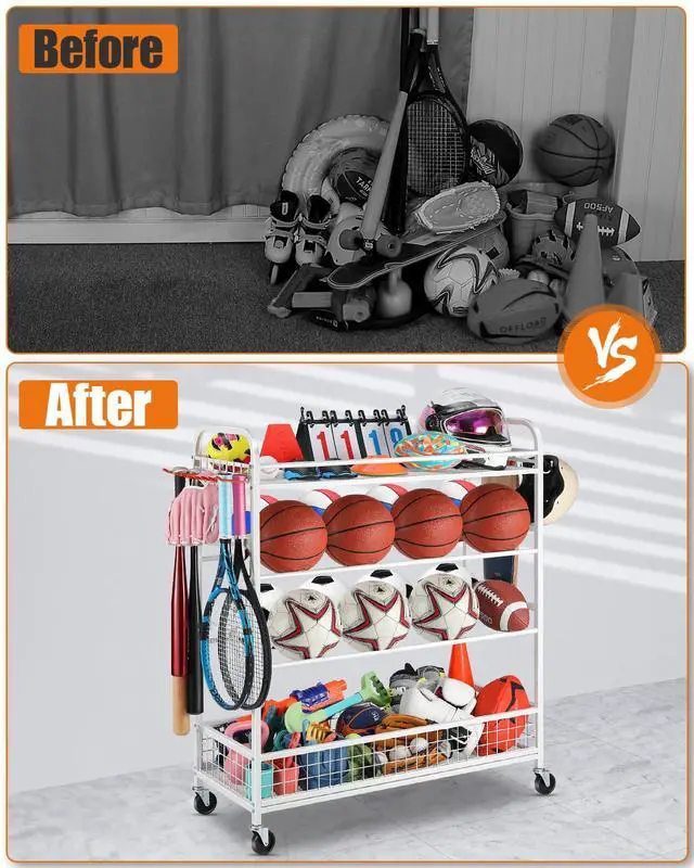 Alt view image 6 of 6 - Garage Sports Equipment Organizer - Rolling Ball Storage Bin with Wheels, Garage Sports Gear Rack Outdoor Basketball Racks for Balls with Baseball Bat Holder and Hooks, Toy Organizer(White)