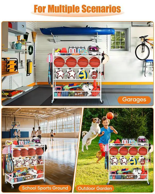 Alt view image 4 of 6 - Garage Sports Equipment Organizer - Rolling Ball Storage Bin with Wheels, Garage Sports Gear Rack Outdoor Basketball Racks for Balls with Baseball Bat Holder and Hooks, Toy Organizer(White)