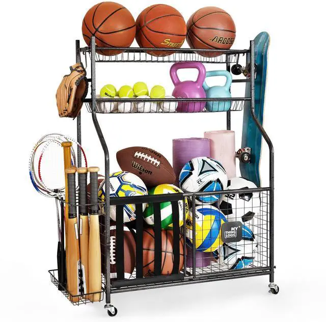 Main image of Garage Sports Equipment Organizer, Baseball Storage Large Capacity, Sports Organizer for Garage with Hooks and Baskets, Ball Storage Rack for Football, Soccer Ball, Bat, Toys