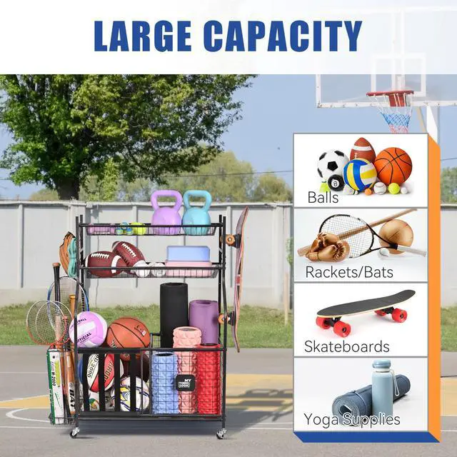 Alt view image 2 of 6 - Garage Sports Equipment Organizer, Baseball Storage Large Capacity, Sports Organizer for Garage with Hooks and Baskets, Ball Storage Rack for Football, Soccer Ball, Bat, Toys