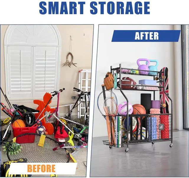Alt view image 3 of 6 - Garage Sports Equipment Organizer, Baseball Storage Large Capacity, Sports Organizer for Garage with Hooks and Baskets, Ball Storage Rack for Football, Soccer Ball, Bat, Toys